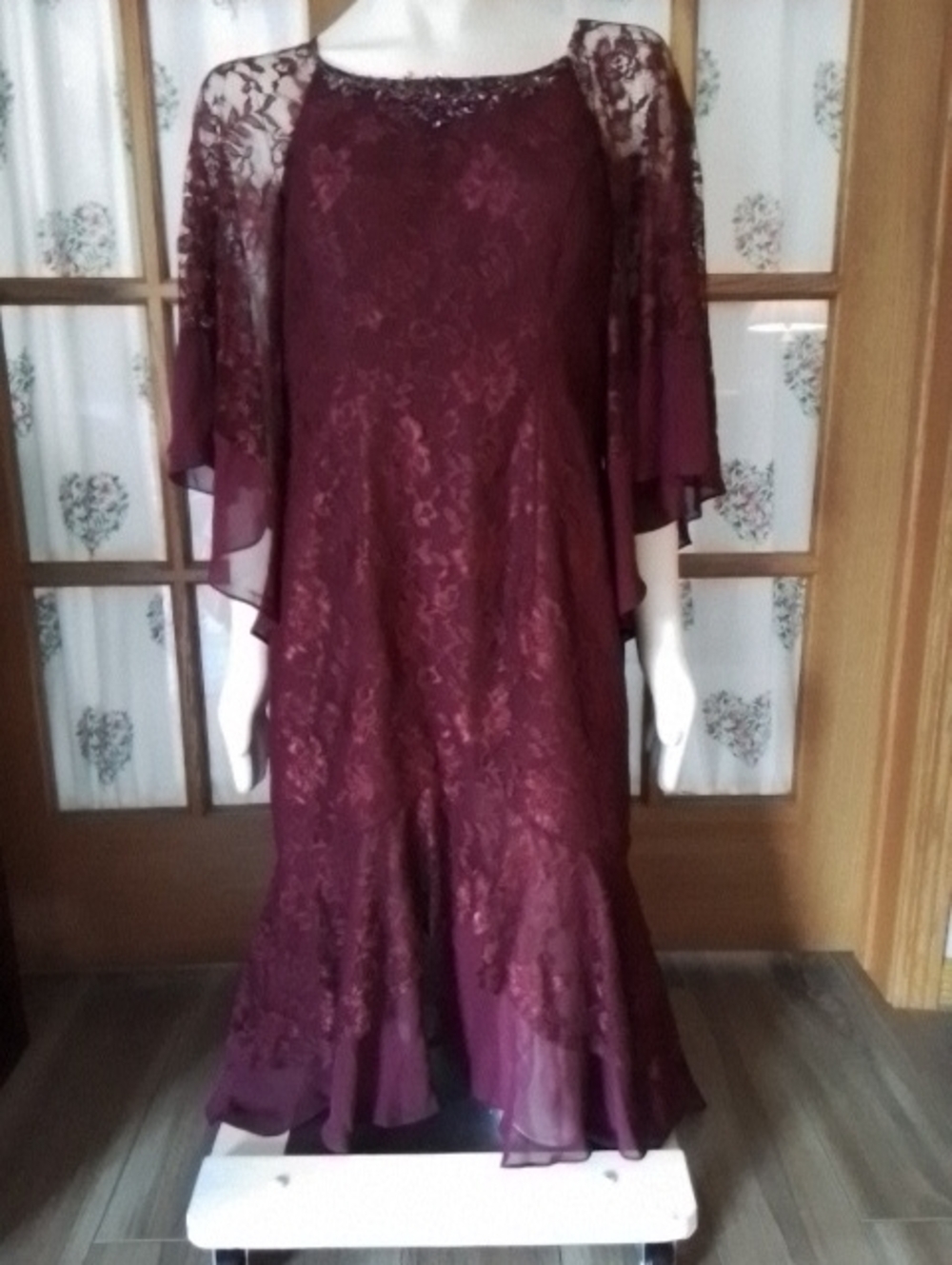 NWT JJs House Burgundy Lace Formal Dress, Size 12.